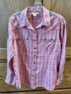 Ariat REAL Pink Plaid Western Shirt with Thunderbird Embroidery